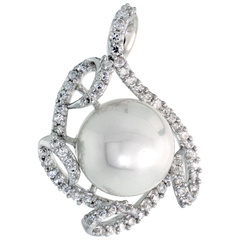Sterling Silver Swirl Slider Pendant, w/ CZ Stones &amp; 12mm Faux Pearl, 1 1/8&quot; (29 mm) tall