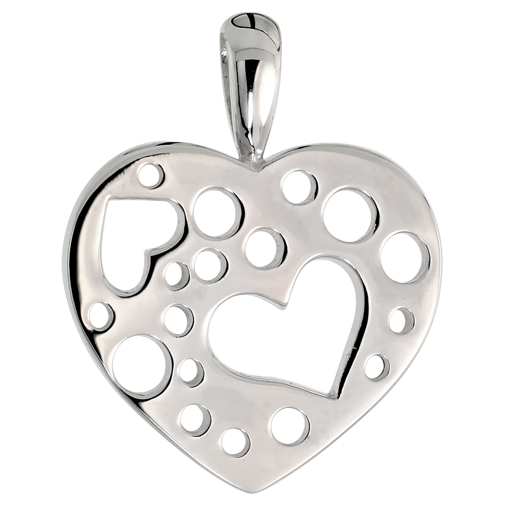 High Polished Heart Pendant in Sterling Silver w/ Small Heart &amp; Circle Cut Outs, 11/16&quot; (17 mm) tall