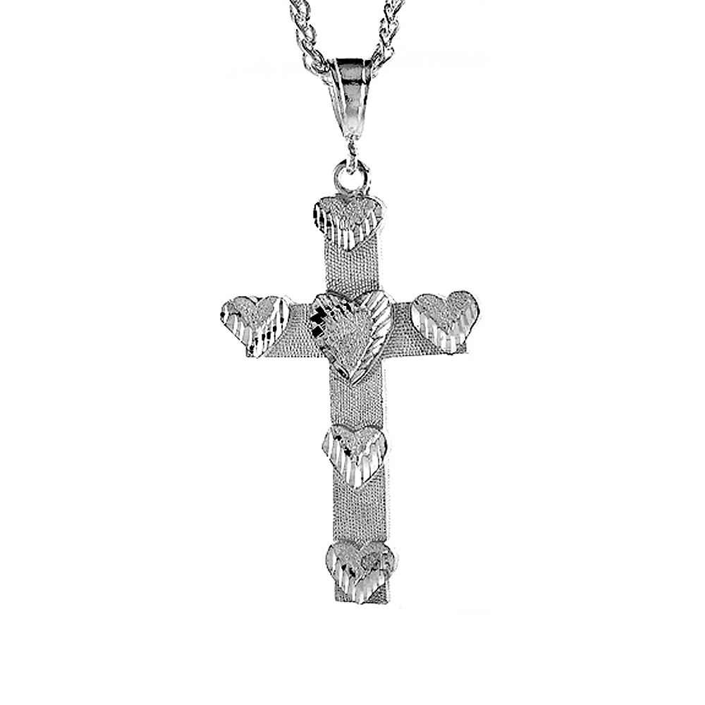 Sterling Silver Hearts Cross Pendant, 2 1/2 inch tall