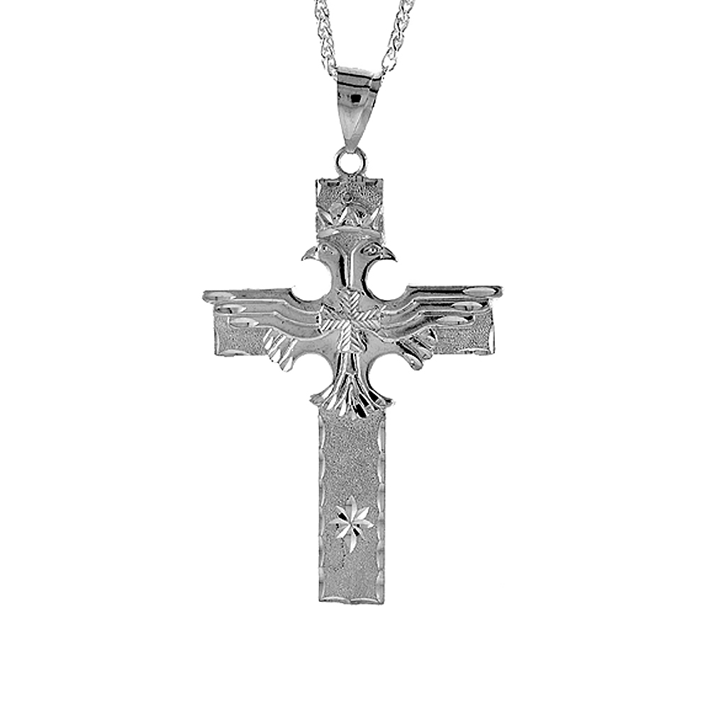 Sterling Silver Double Headed Eagle Cross Pendant, 3 1/4 inch tall