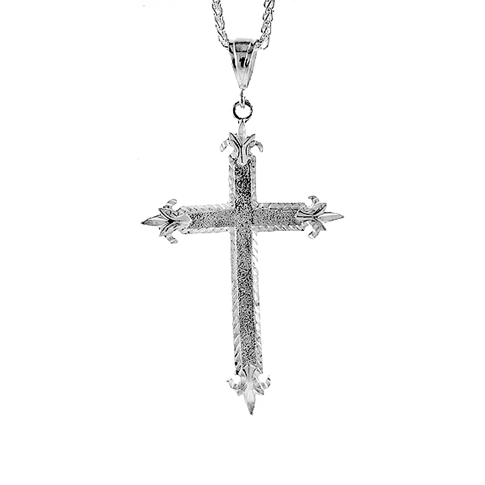 Sterling Silver Fleur-de-lis Cross Pendant, 3 1/2 inch tall
