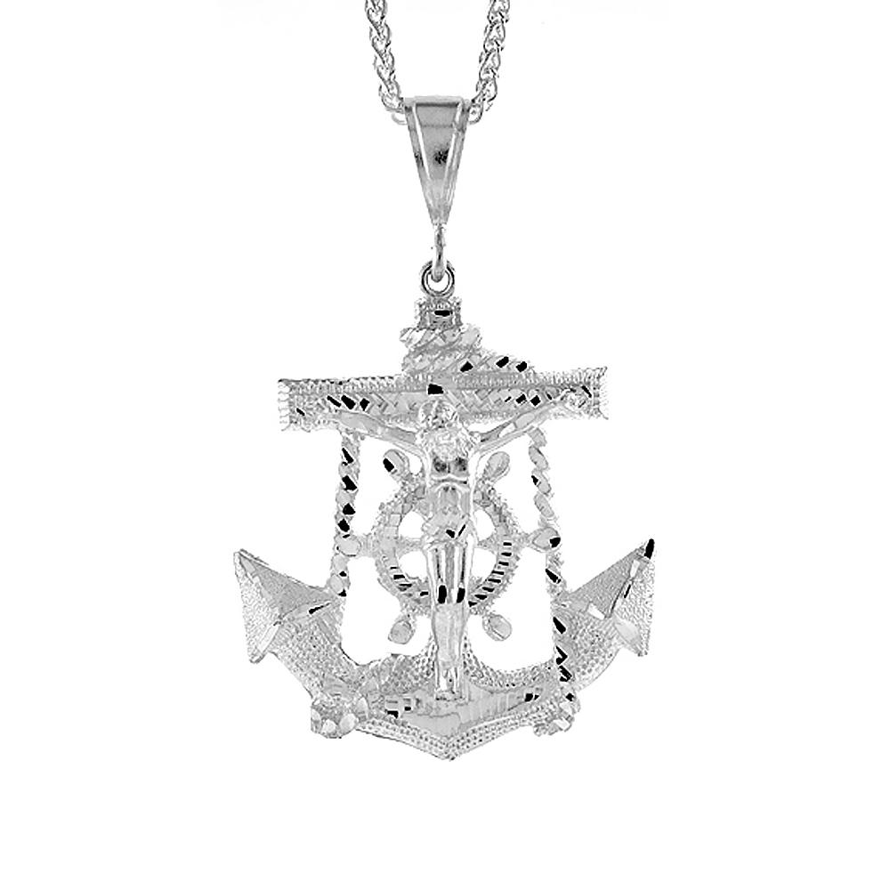 Sterling Silver Anchor with Crucifix Pendant, 2 1/2 inch tall