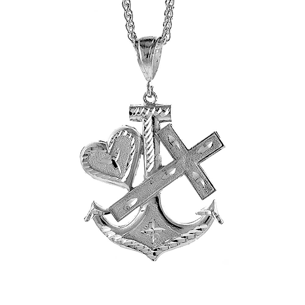 Sterling Silver Anchor Cross and Heart Pendant , 2 3/16 inch tall