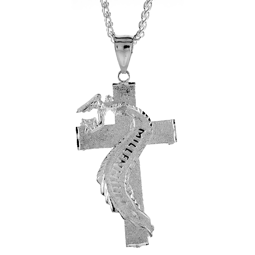 Sterling Silver Cross Pendant with Angel, 2 1/2 inch tall