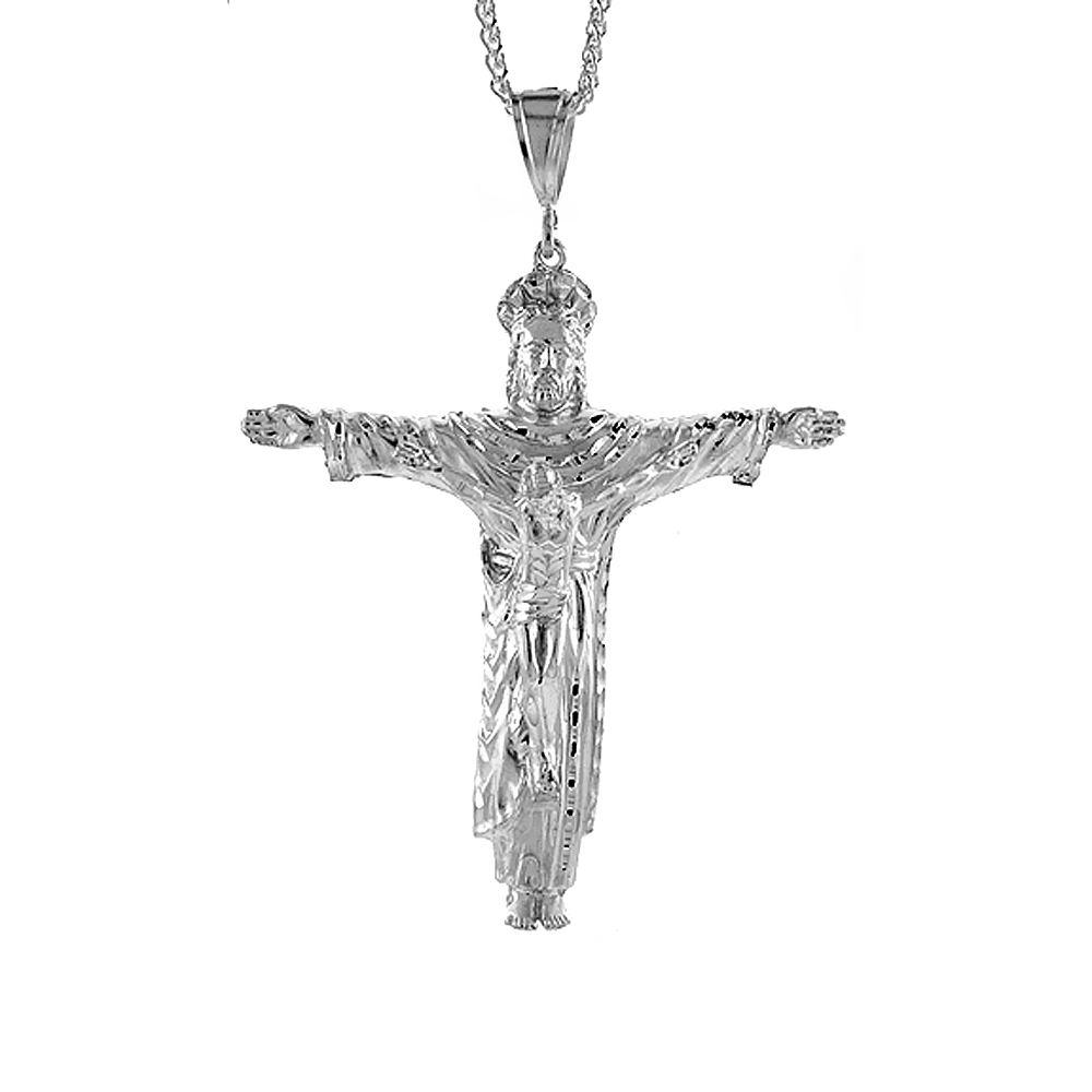 Sterling Silver Crucifix Pendant, 3 7/8 inch tall