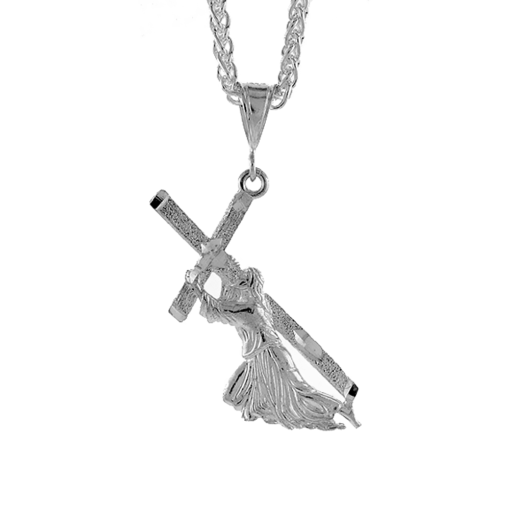 1 7/8 inch Large Sterling Silver Christ Carrying the Cross Pendant for Men Diamond Cut finish