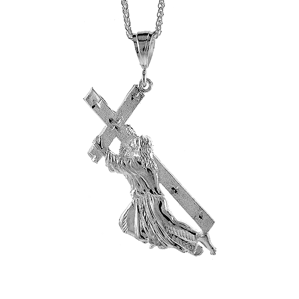 Sterling Silver Christ Carrying the Cross Pendant, 3 1/2 inch tall