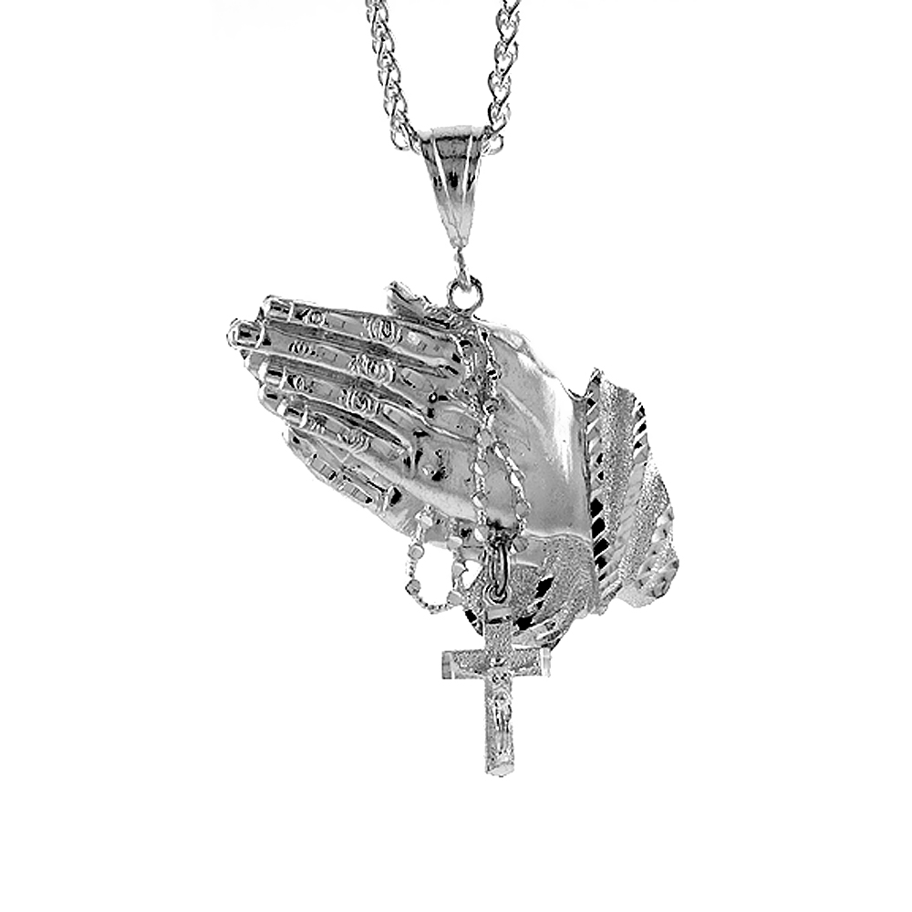 Sterling Silver Praying Hand with Rosary Pendant, 2 5/8 inch tall