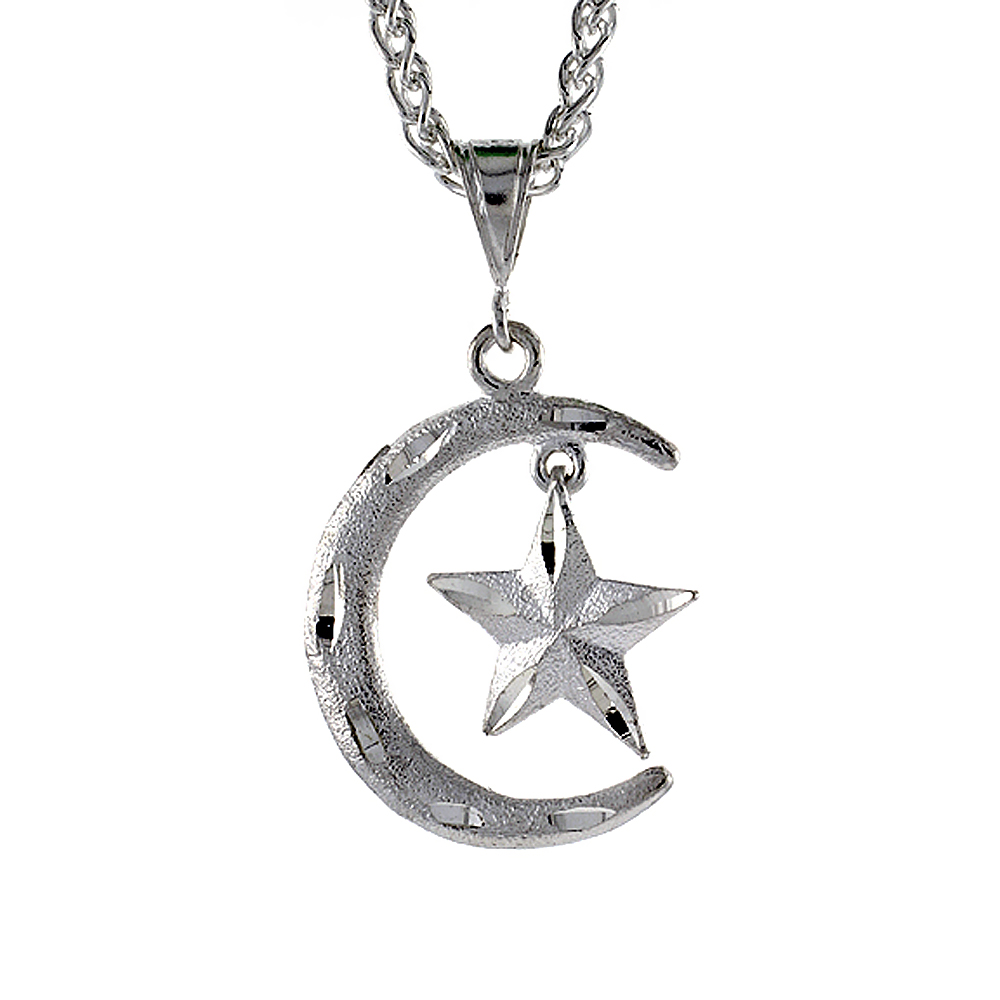 Sterling Silver Crescent Moon and Star Pendant, 1 1/4 inch tall