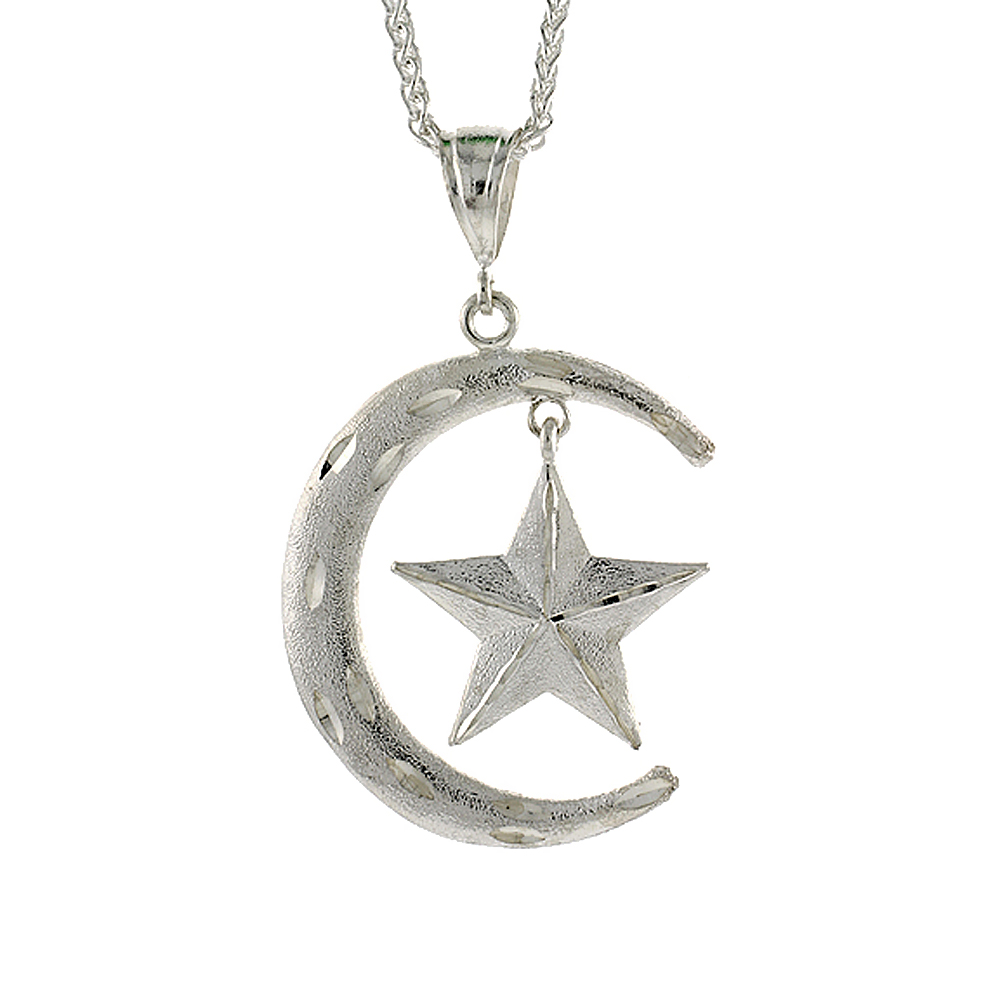 Sterling Silver Crescent Moon and Star Pendant, 2 3/16 inch tall