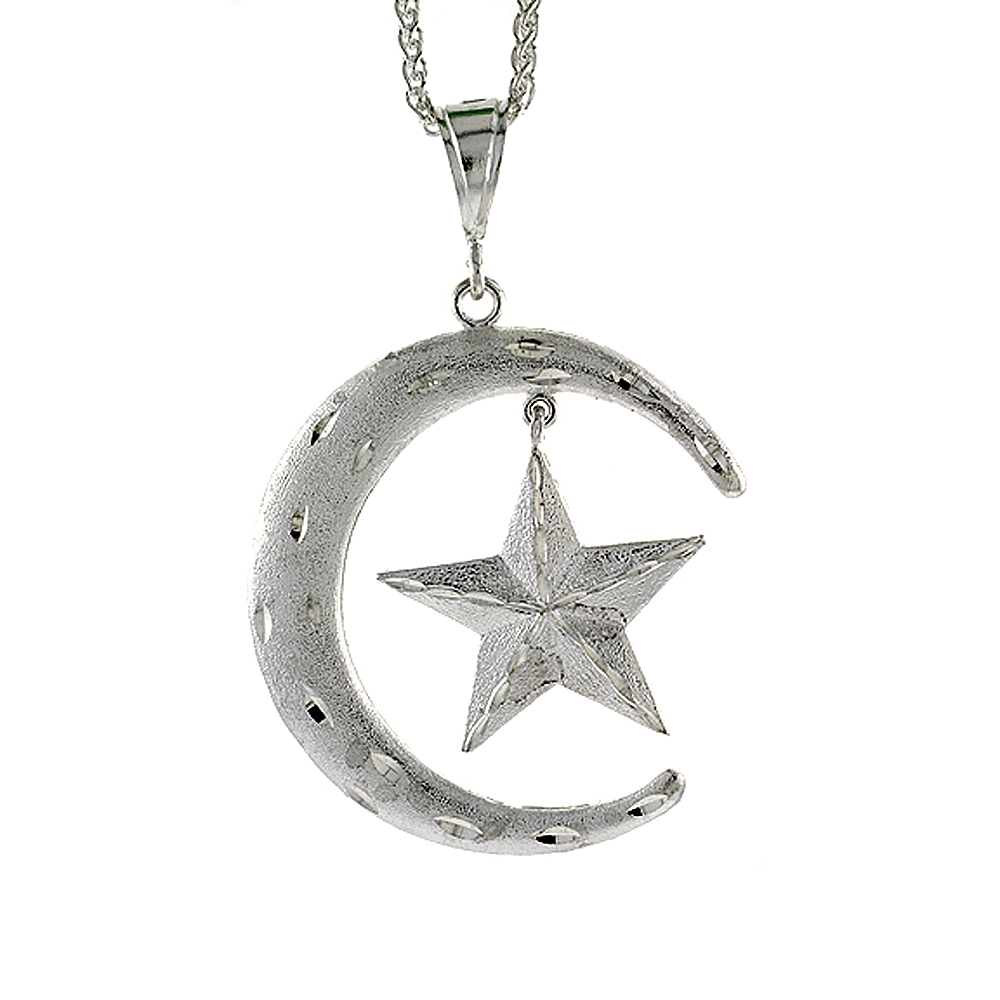 Sterling Silver Crescent Moon and Star Pendant, 2 3/4 inch tall