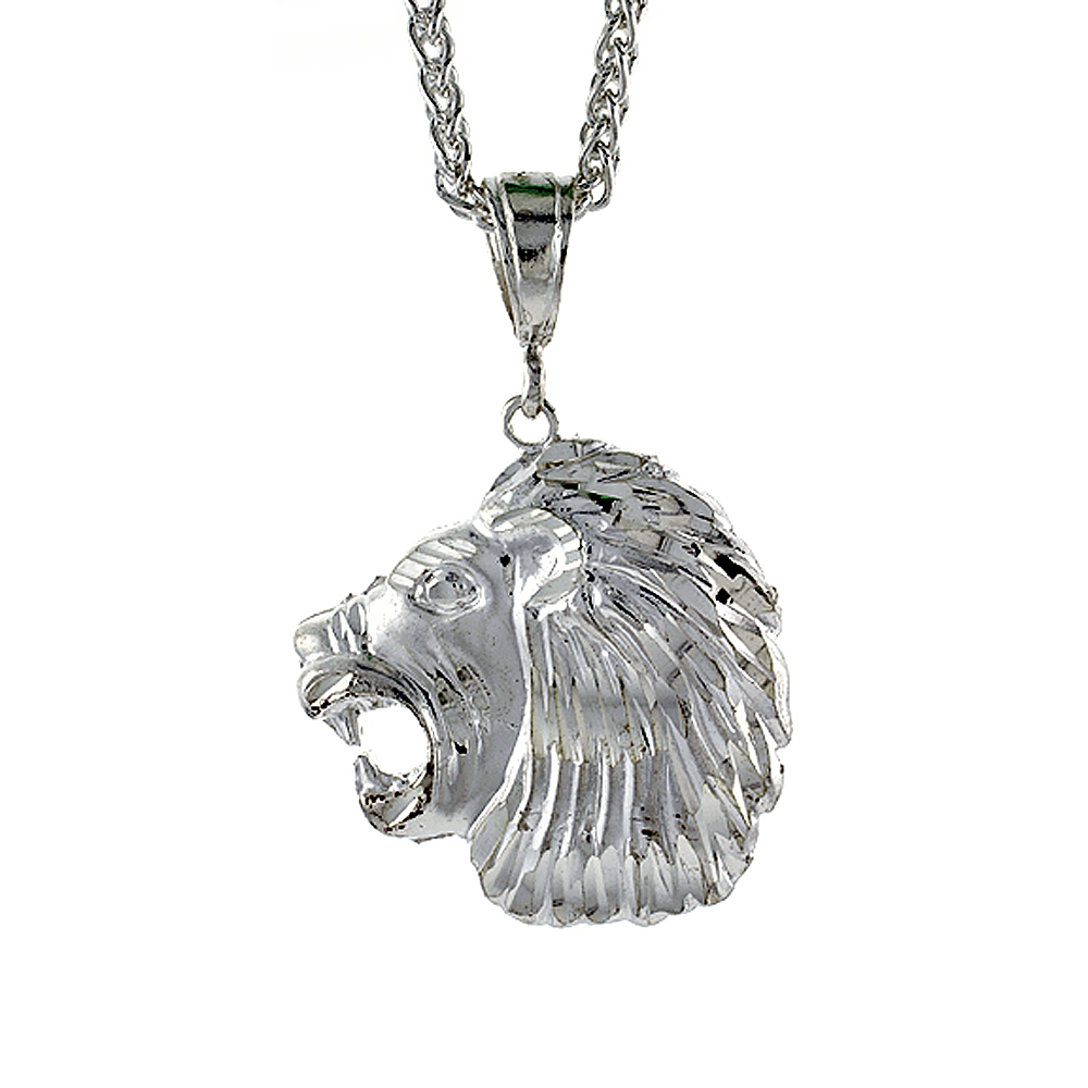 Sterling Silver Lions Head Pendant, 1 1/2 inch tall
