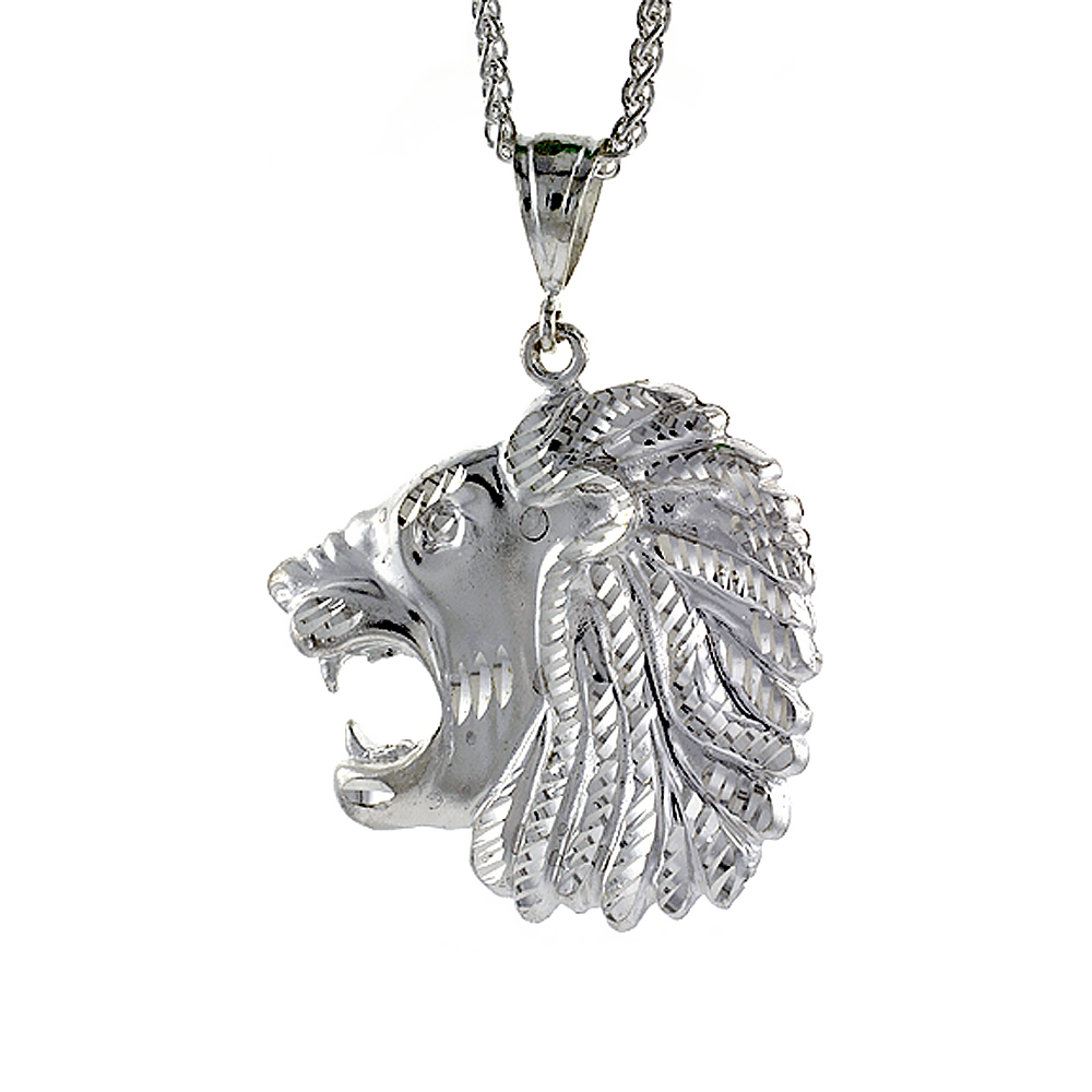 Sterling Silver Lions Head Pendant, 2 1/8 inch tall
