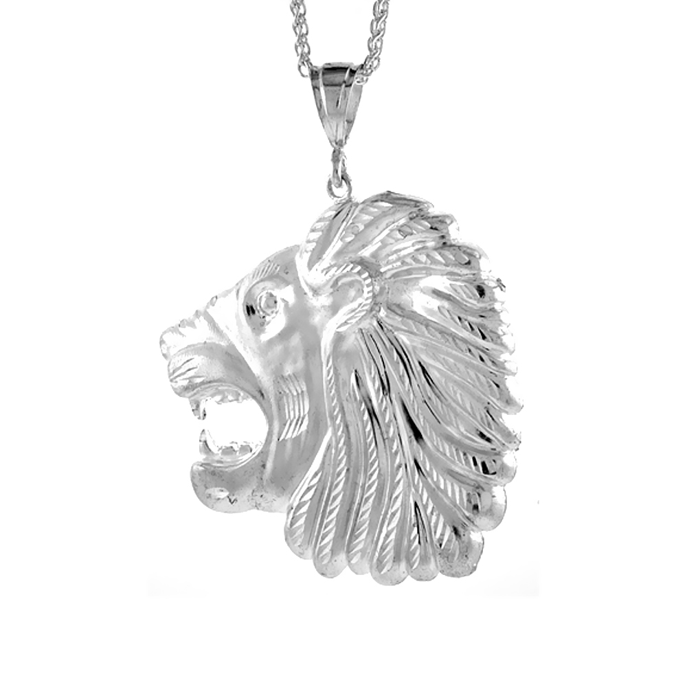 Sterling Silver Lions Head Pendant, 3 1/16 inch tall
