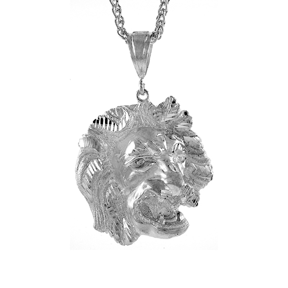 Sterling Silver Lions Head Pendant, 1 7/8 inch tall