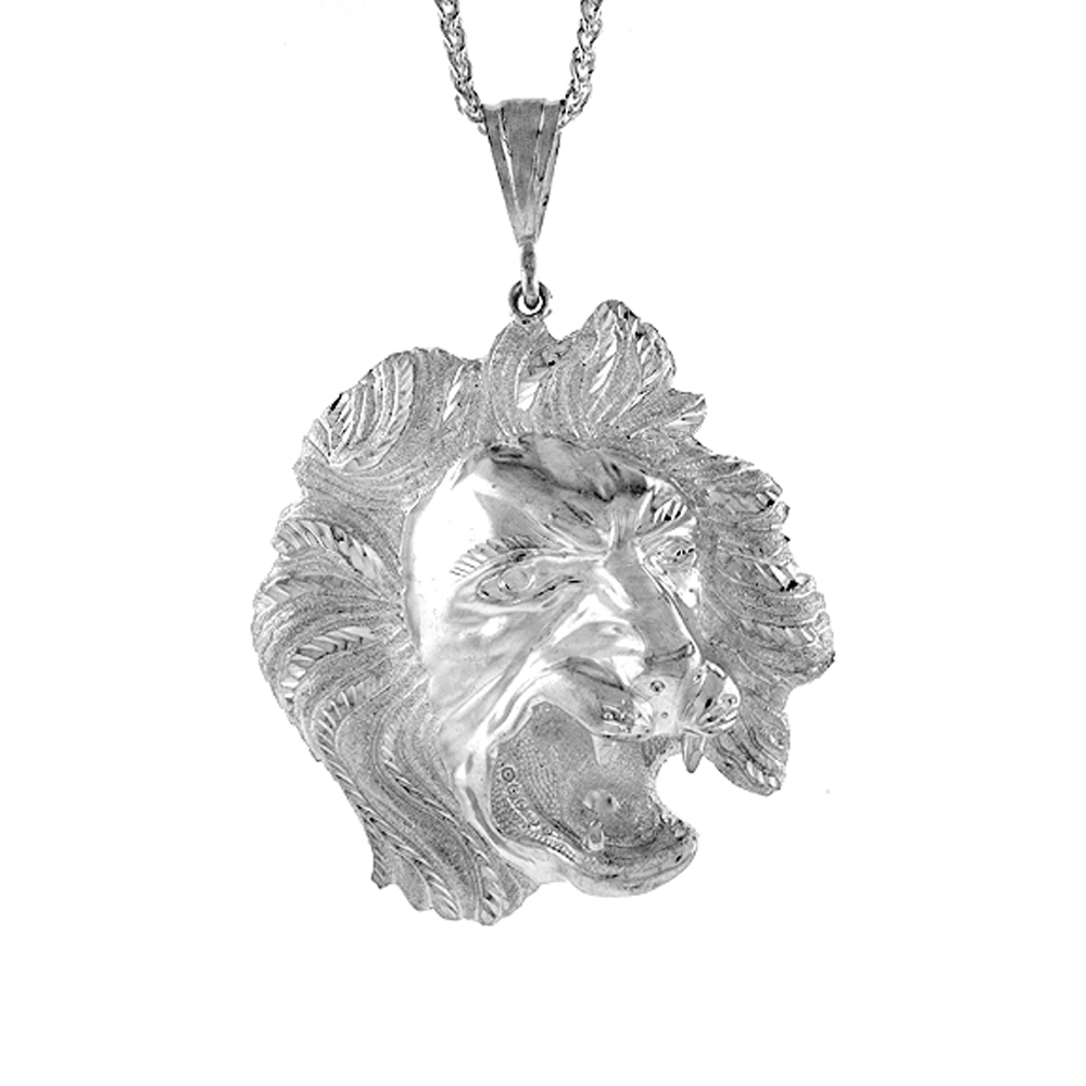 Sterling Silver Lions Head Pendant, 2 3/4 inch tall