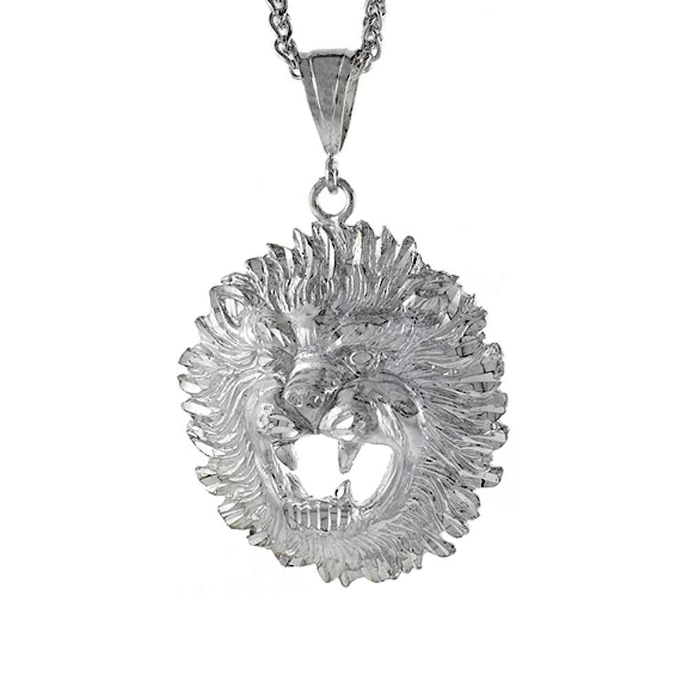 Sterling Silver Lions Head Pendant, 2 1/8 inch tall