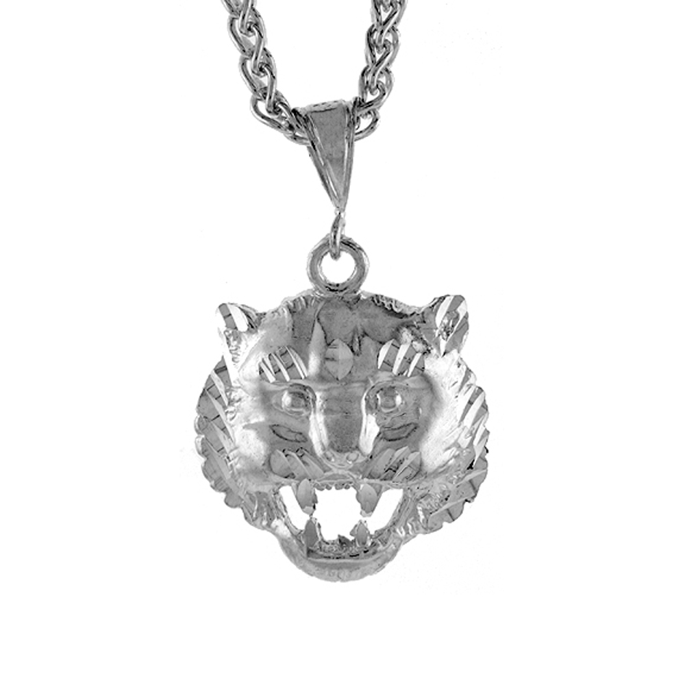 Sterling Silver Tiger Head Pendant, 1 1/8 inch tall