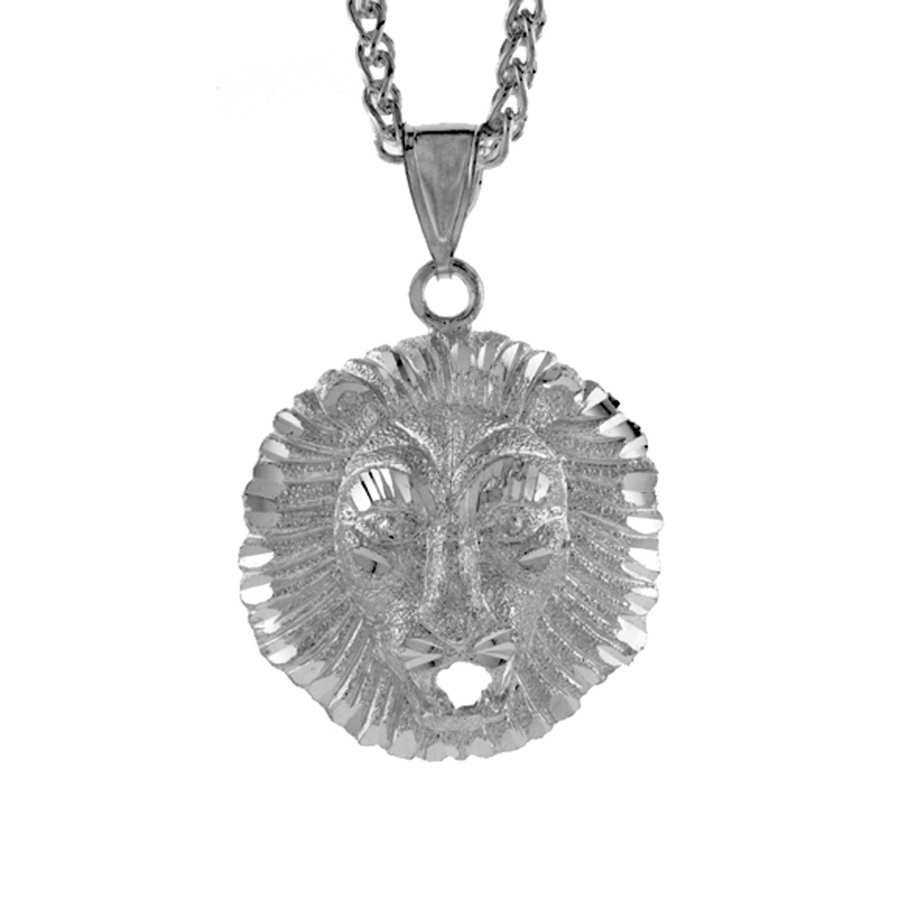 Sterling Silver Lions Head Pendant, 1 3/8 inch tall
