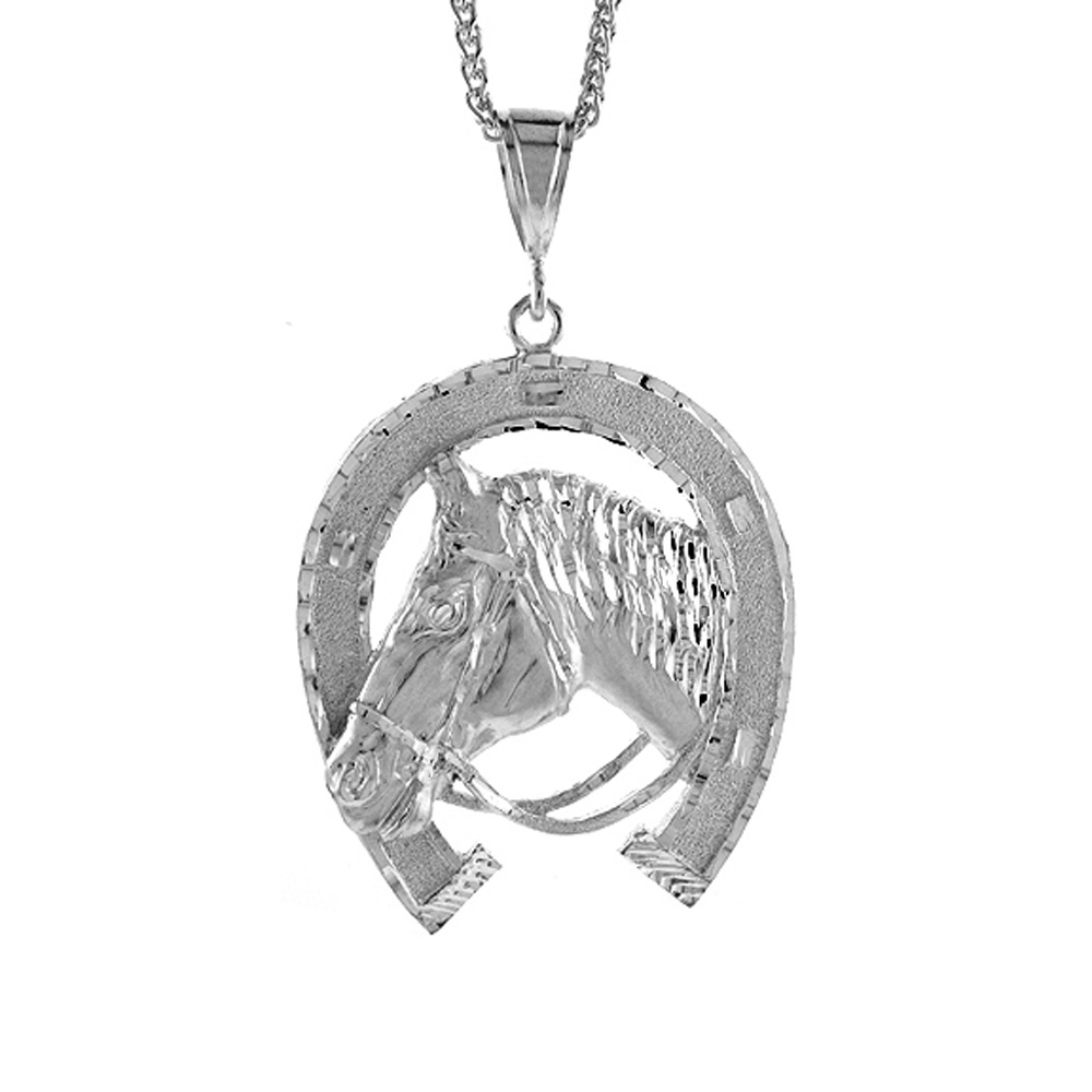 Sterling Silver Horseshoe with Horsehead Pendant, 2 3/4 inch tall