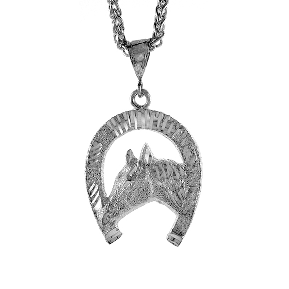 Sterling Silver Horseshoe with Horsehead Pendant, 1 3/8 inch tall