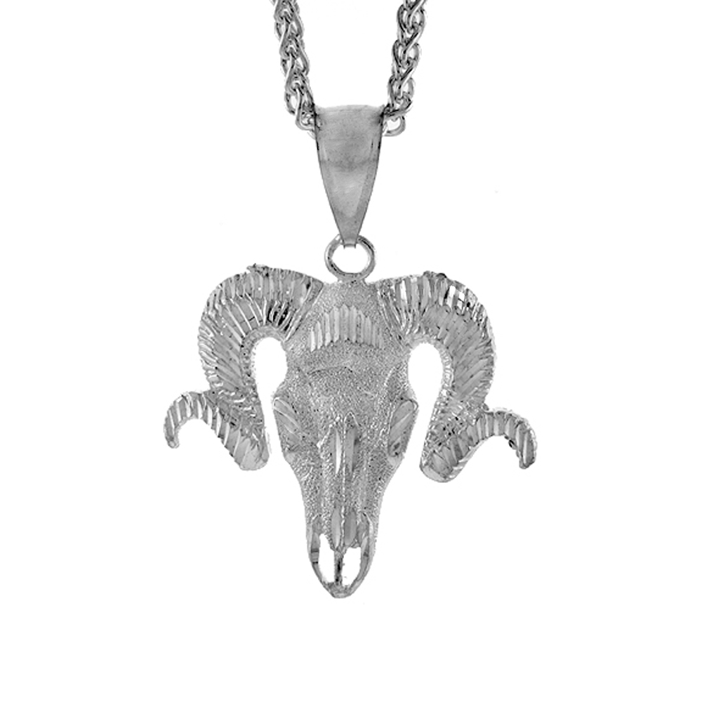 Sterling Silver Rams Head Pendant, 1 3/8 inch tall