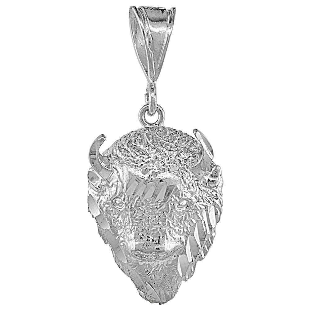 1 inch Sterling Silver Buffalo Head Pendant for Men Diamond Cut finish