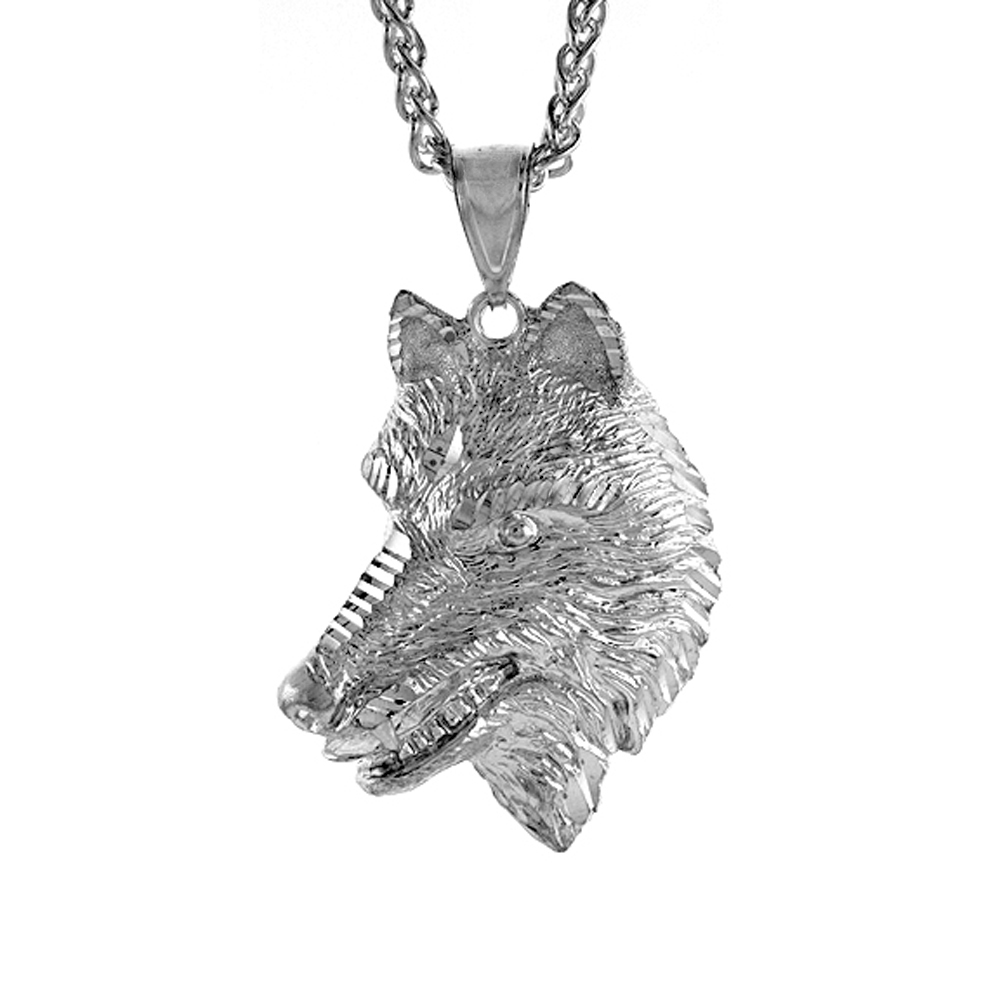 Sterling Silver Wolfs Head Pendant, 1 3/4 inch tall