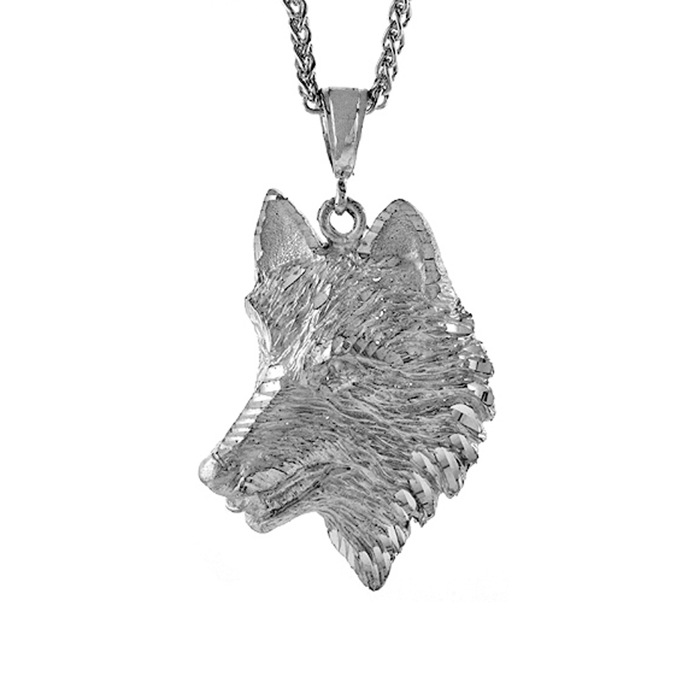 Sterling Silver Wolfs Head Pendant, 2 1/2 inch tall