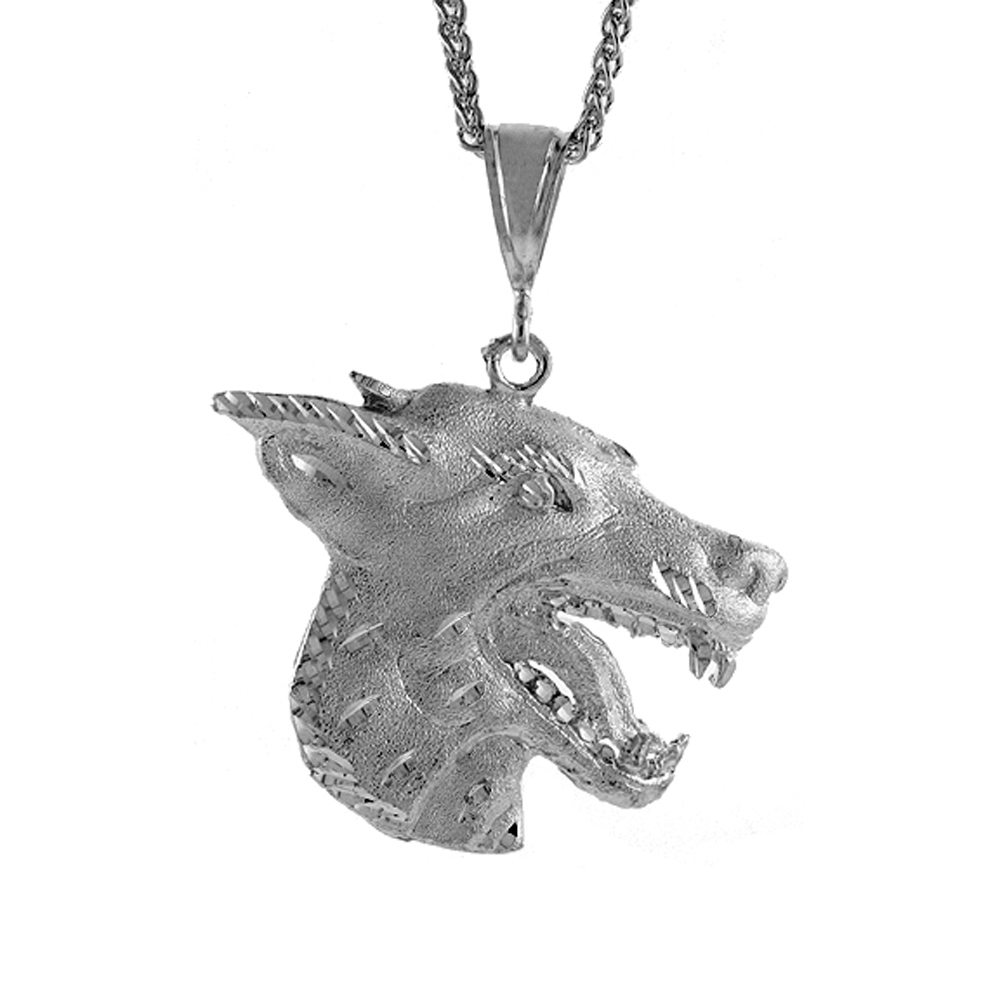 Sterling Silver Wolfs Head Pendant, 2 1/8 inch tall