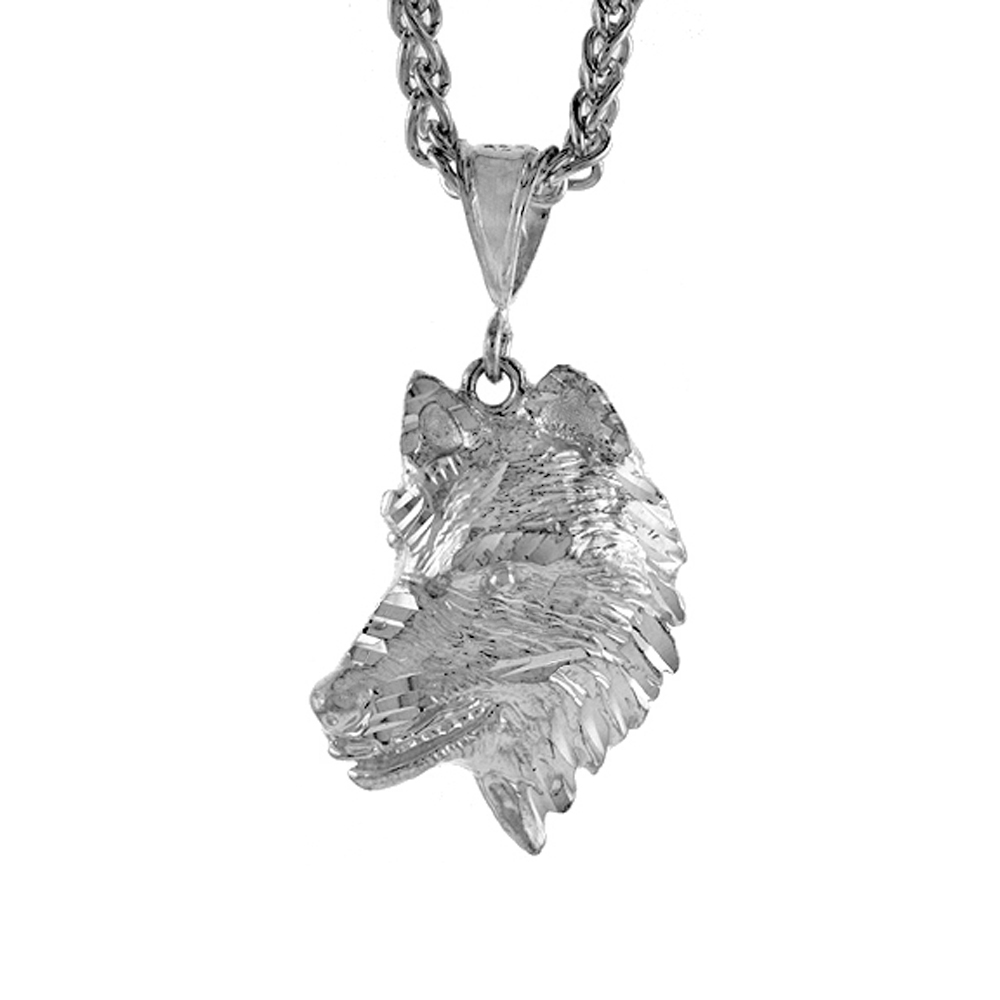 Sterling Silver Small Wolfs Head Pendant, 1 1/4 inch tall