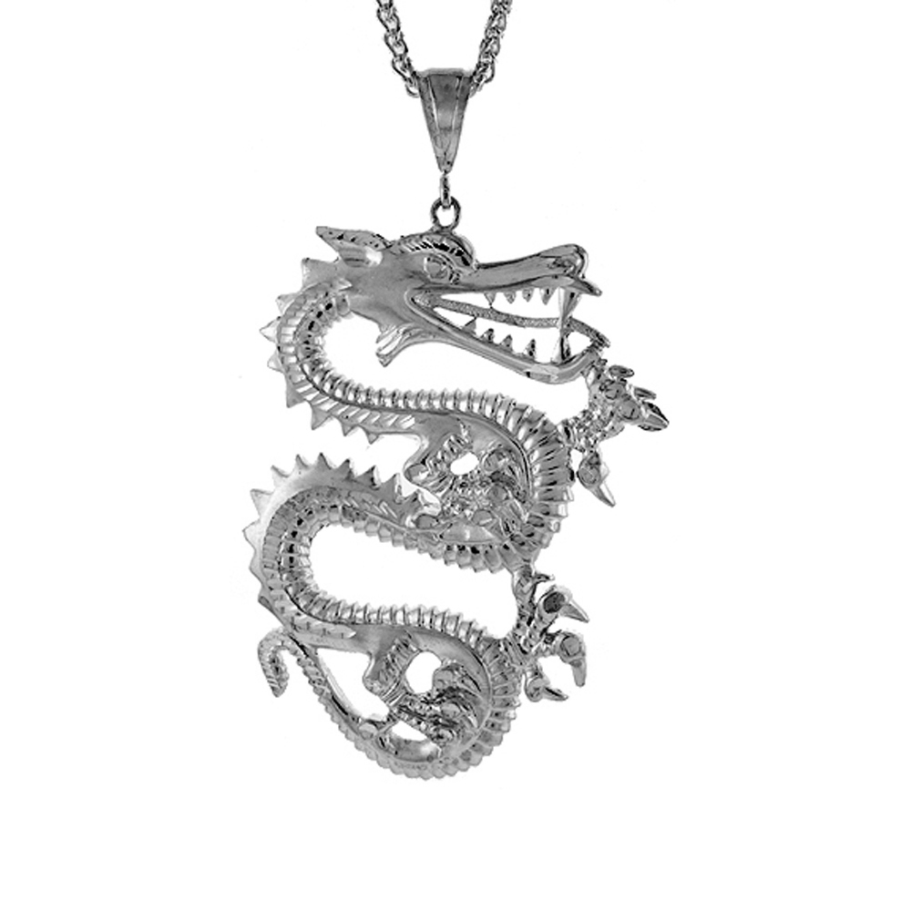 Sterling Silver Chinese Dragon Pendant, 3 5/16 inch tall