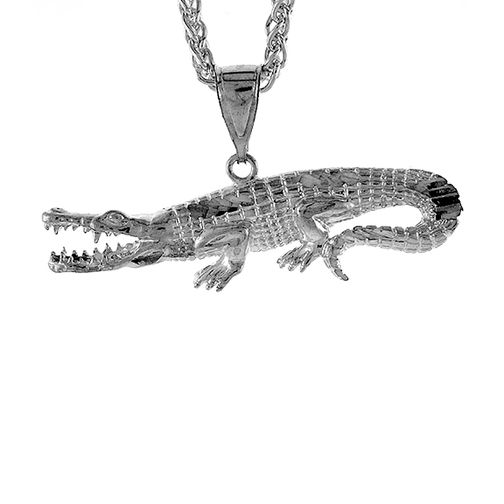 2 3/16 inch Large Sterling Silver Alligator Pendant for Men Diamond Cut finish