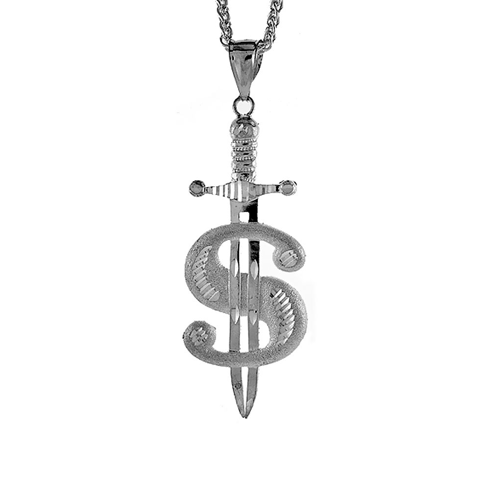 Sterling Silver Dollar Sign with Sword Pendant, 3 inch tall