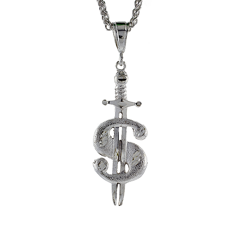 Sterling Silver Dollar Sign with Sword Pendant, 2 3/16 inch tall
