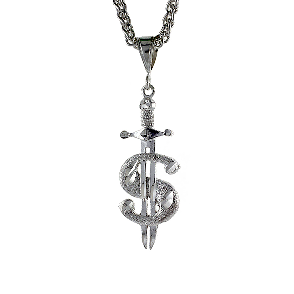 1 1/2 inch Large Sterling Silver Dollar Sign with Sword Pendant for Men Diamond Cut finish