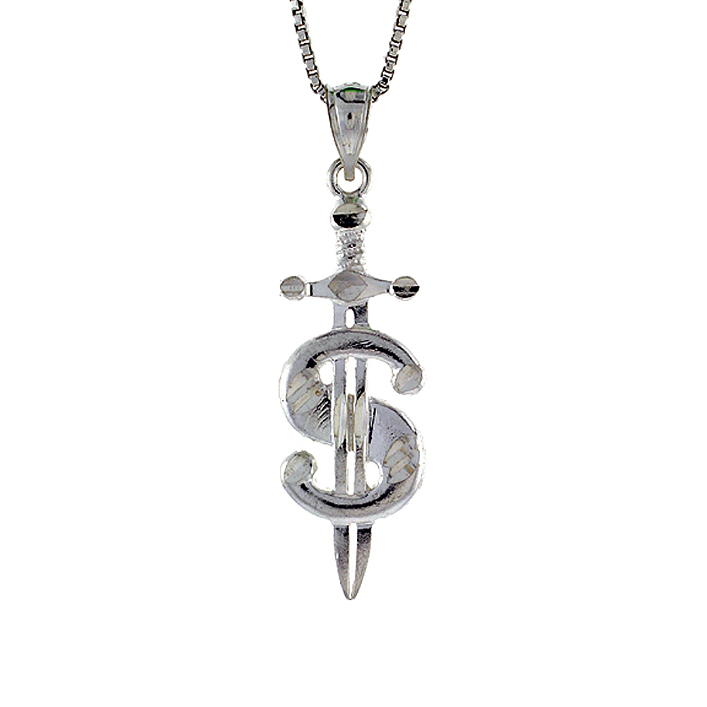 1 1/8 inch Large Sterling Silver Small Dollar Sign with Sword Pendant for Men Diamond Cut finish