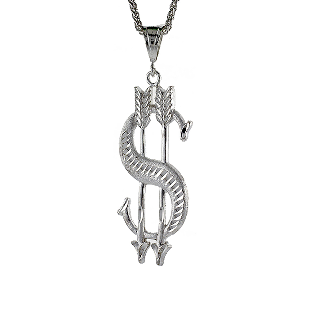Sterling Silver Dollar Sign with Arrows Pendant, 3 inch tall