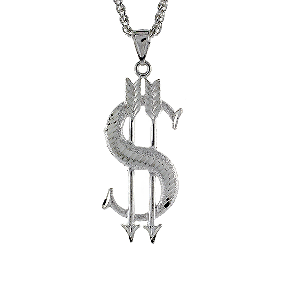Sterling Silver Dollar Sign with Arrows Pendant, 2 3/16 inch tall