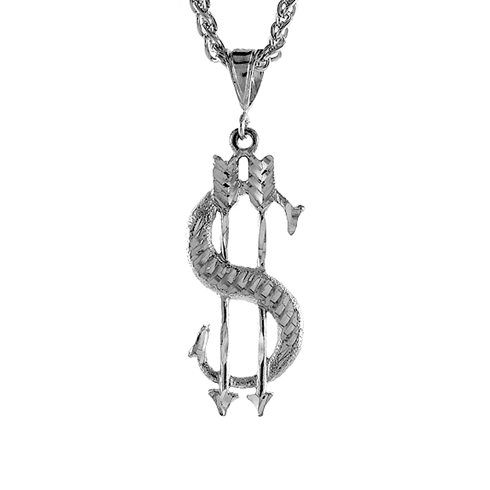1 3/4 inch Large Sterling Silver Dollar Sign with Arrows Pendant for Men Diamond Cut finish