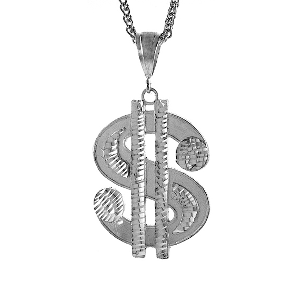 Sterling Silver Dollar Sign Pendant, 2 1/8 inch tall