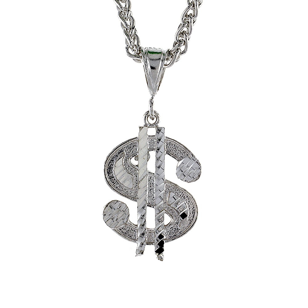 Sterling Silver Small Dollar Sign Pendant, 1 1/16 inch tall