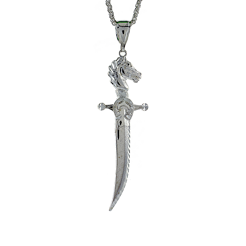 Sterling Silver Sword with Horse Hilt Pendant, 3 1/2 inch tall