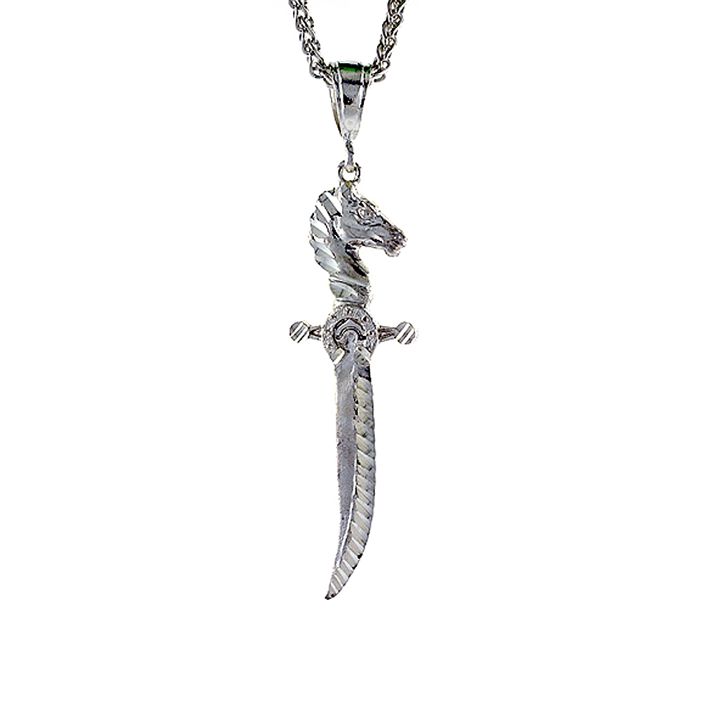 Sterling Silver Sword with Horse Hilt Pendant, 2 3/4 inch tall
