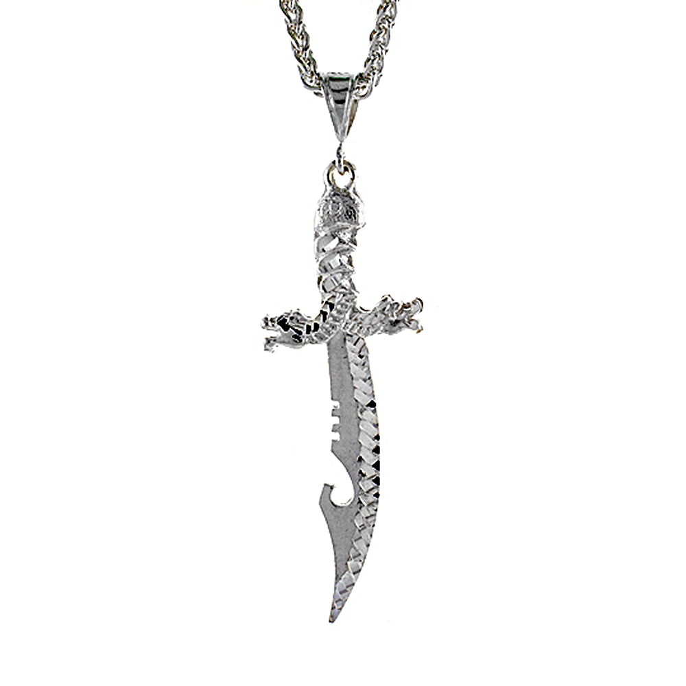 Sterling Silver Sword with Dragon Guard Pendant, 2 1/2 inch tall