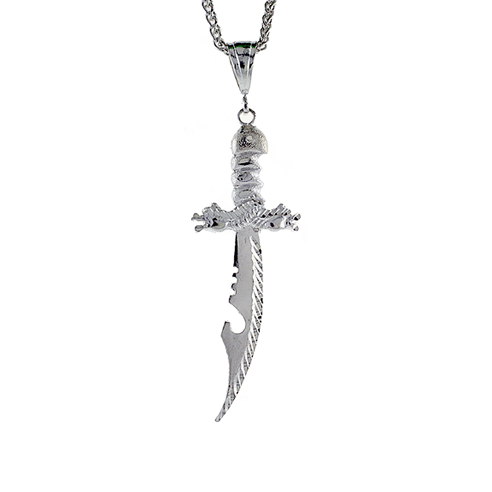 Sterling Silver Sword with Dragon Guard Pendant, 3 5/16 inch tall