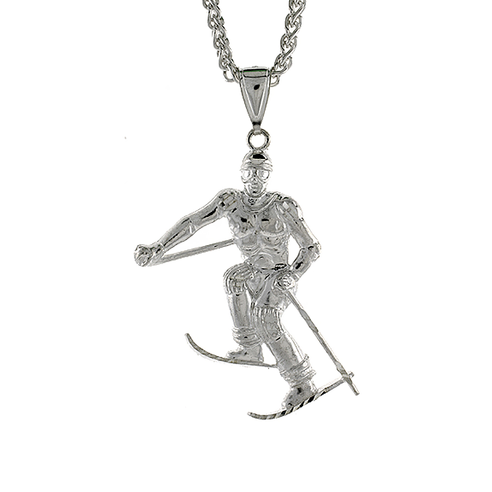 Sterling Silver Skier Pendant, 2 inch tall
