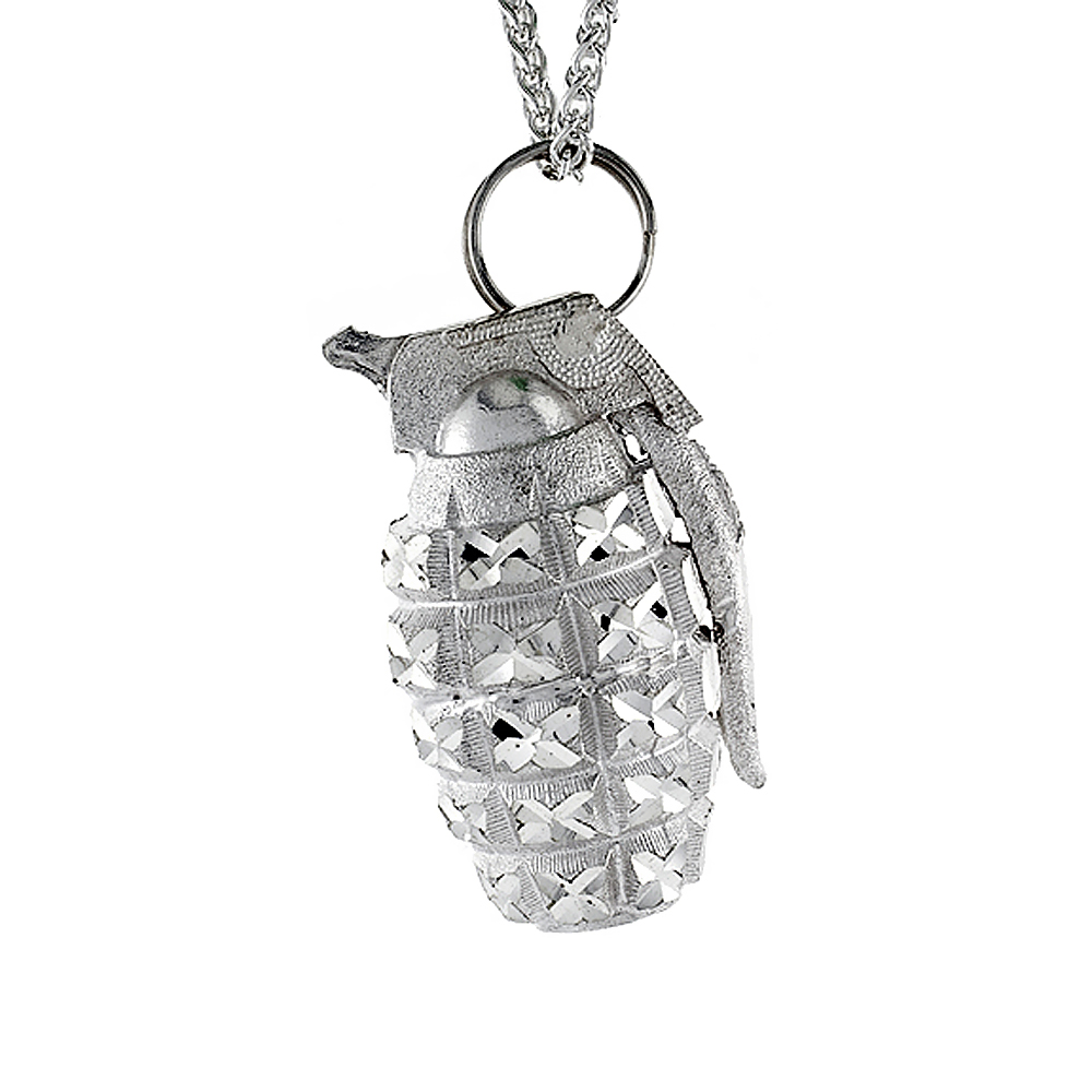 Sterling Silver Hand Grenade Pendant, 2 3/16 inch tall