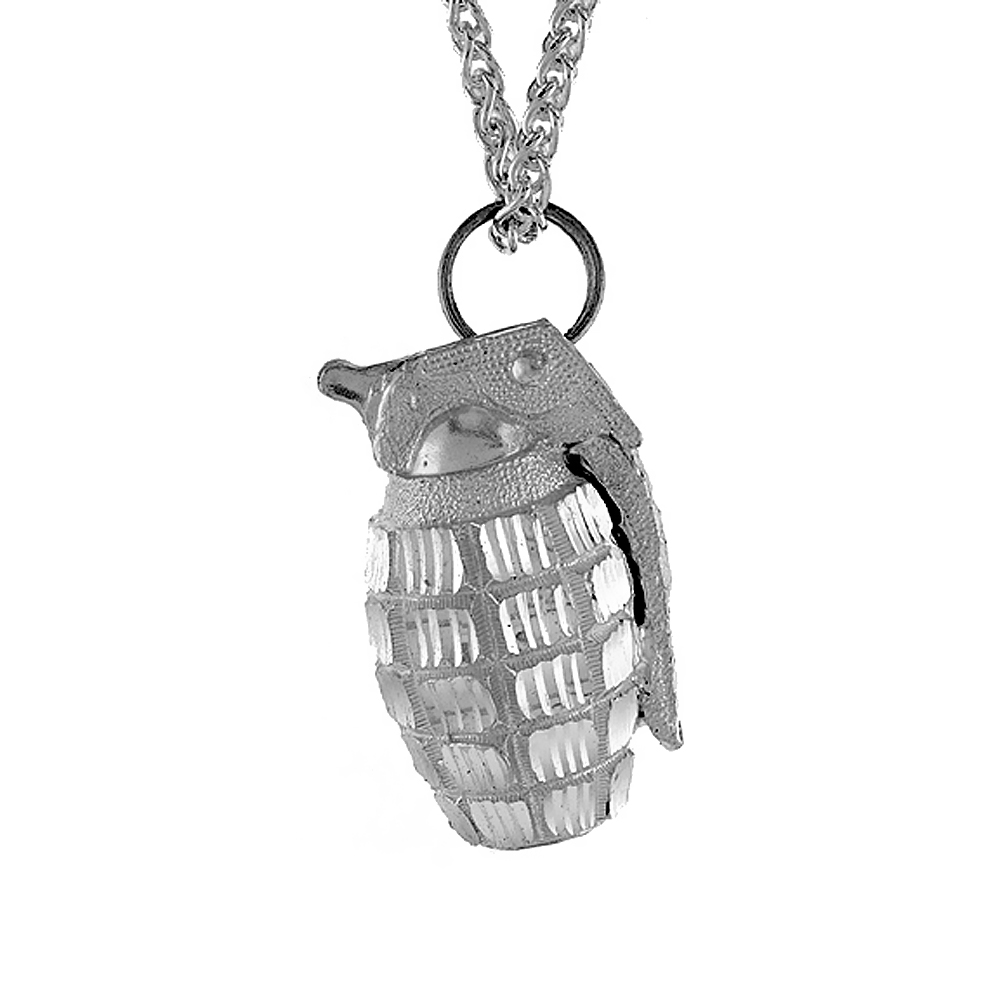 Sterling Silver Hand Grenade Pendant, 1 1/2 inch tall