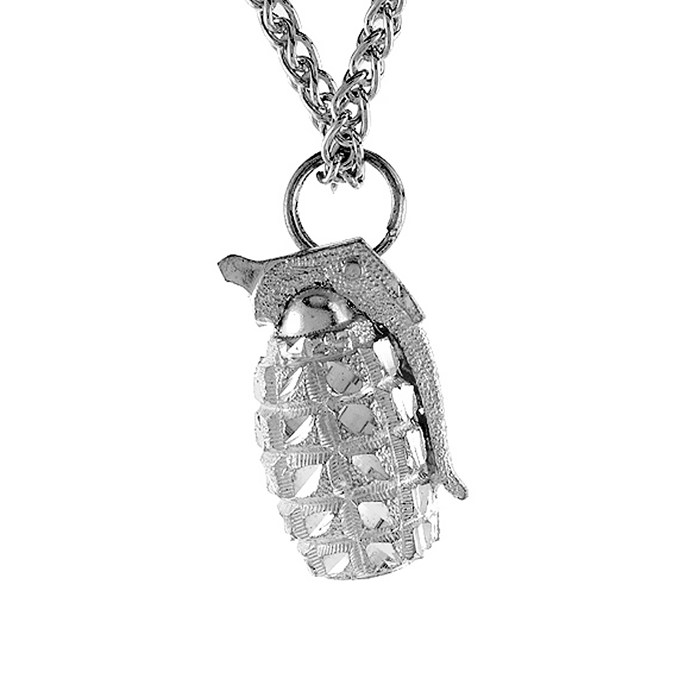Sterling Silver Small Hand Grenade Pendant, 1 1/8 inch tall